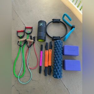 GAIAM Yoga Fitness Bundle Foam Roller Pilates Ring Bands Blocks Lot